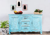 Indian Solid Wood Hand Carved Sideboard Blue